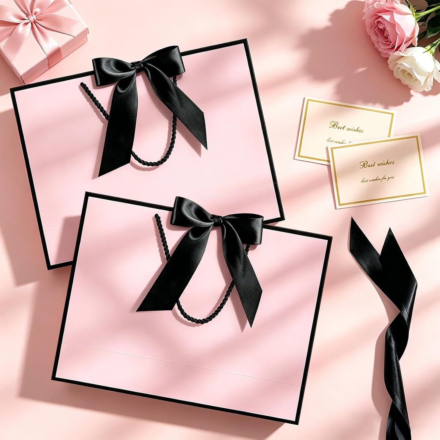 Gift Bags with Handles, 13” Medium Gift Bag for Presents, 1 Pcs Bags with 2 Tissue Paper and 1 Cards for Baby Shower Wedding Bridal Shower Mother's Day Birthday Party (Black-Pink)