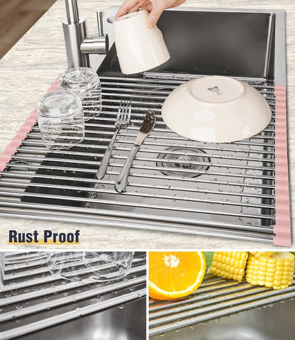 Roll Up Dish Drying Rack Over Sink, 304 Steel, 17.7x15.5, Pink