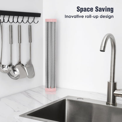 Roll Up Dish Drying Rack Over Sink, 304 Steel, 17.7x15.5, Pink