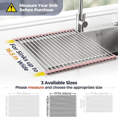 Roll Up Dish Drying Rack Over Sink, 304 Steel, 17.7x15.5, Pink