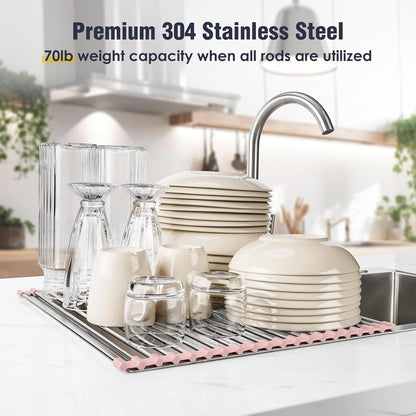 Roll Up Dish Drying Rack Over Sink, 304 Steel, 17.7x15.5, Pink