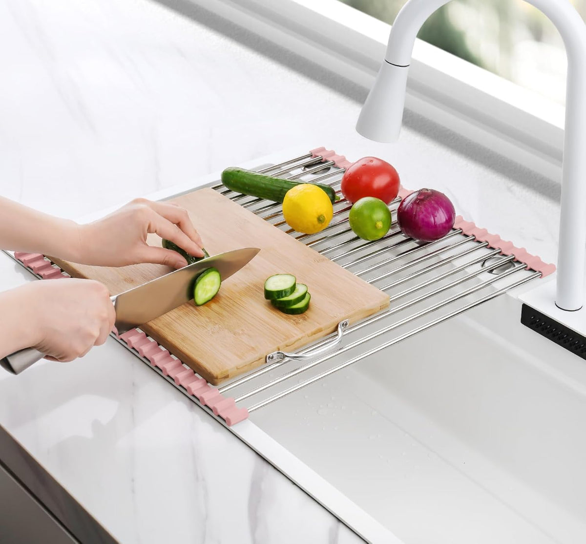 Roll Up Dish Drying Rack Over Sink, 304 Steel, 17.7x15.5, Pink