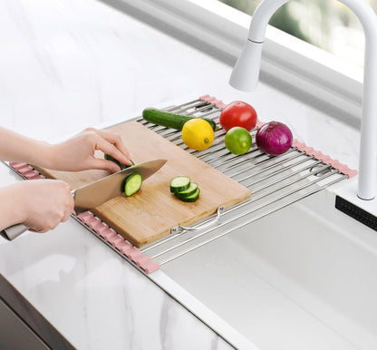 Roll Up Dish Drying Rack Over Sink, 304 Steel, 17.7x15.5, Pink