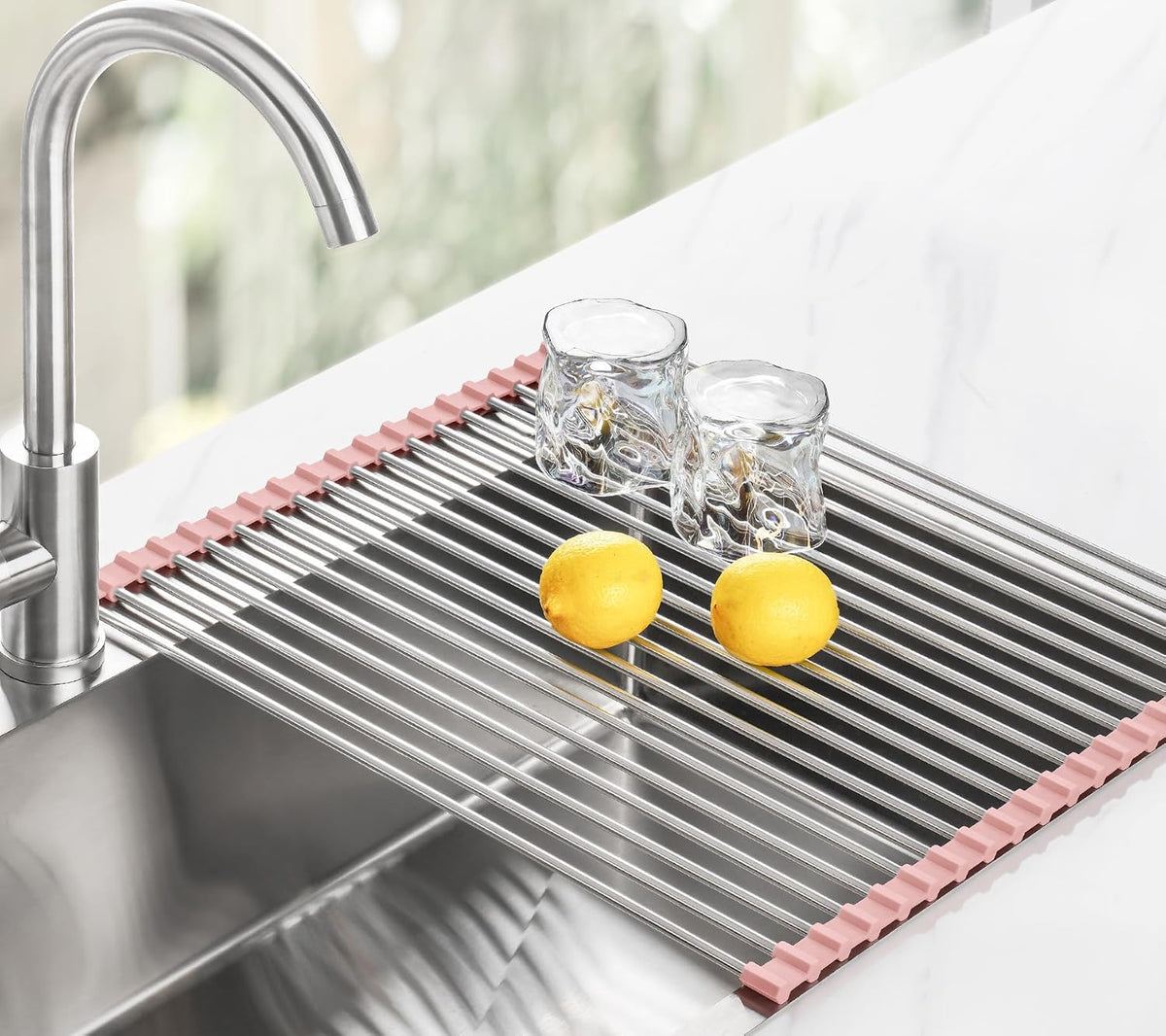 Roll Up Dish Drying Rack Over Sink, 304 Steel, 17.7x15.5, Pink