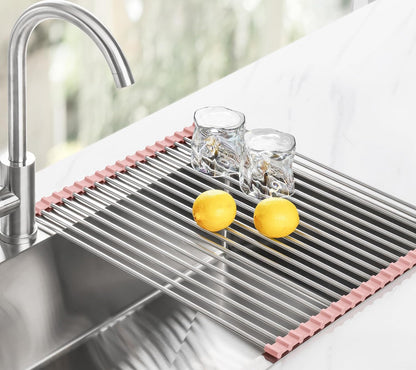 Roll Up Dish Drying Rack Over Sink, 304 Steel, 17.7x15.5, Pink