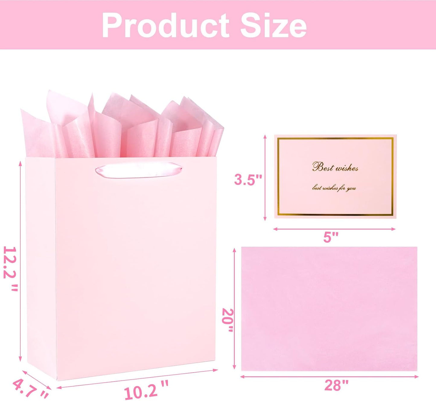Elegant Pink Gift Bag 10.2"x4.7"x12.2" with Ribbon Handles, Includes Card and Tissue Papers, Perfect for Birthdays, Weddings, Parties, Holidays, Baby Shower