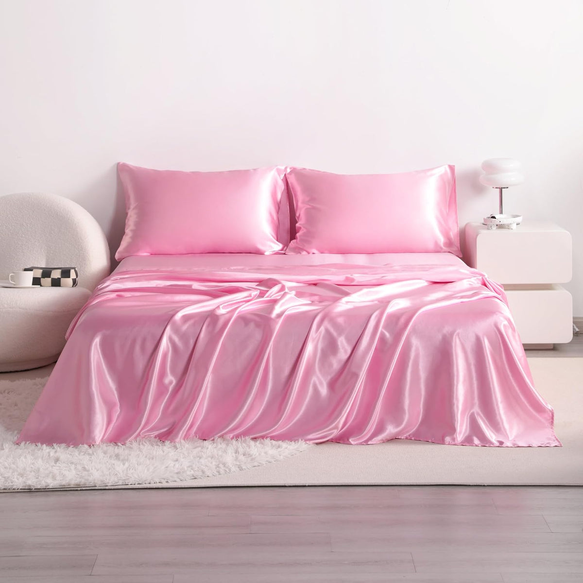 Twin Satin Bed Sheet Set, 3 Pieces Bed Sheet Set with Silky Solid Color, 1 Deep Pocket Fitted Sheet, 1 Flat Sheet, and 1 Pillowcase, Pink