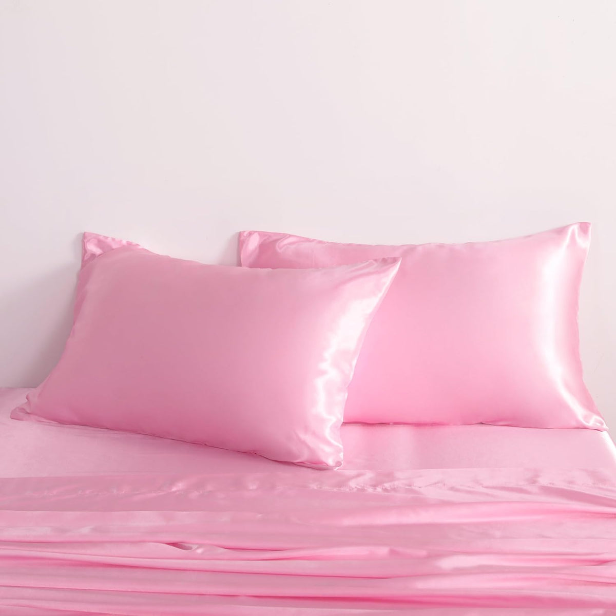 Twin Satin Bed Sheet Set, 3 Pieces Bed Sheet Set with Silky Solid Color, 1 Deep Pocket Fitted Sheet, 1 Flat Sheet, and 1 Pillowcase, Pink