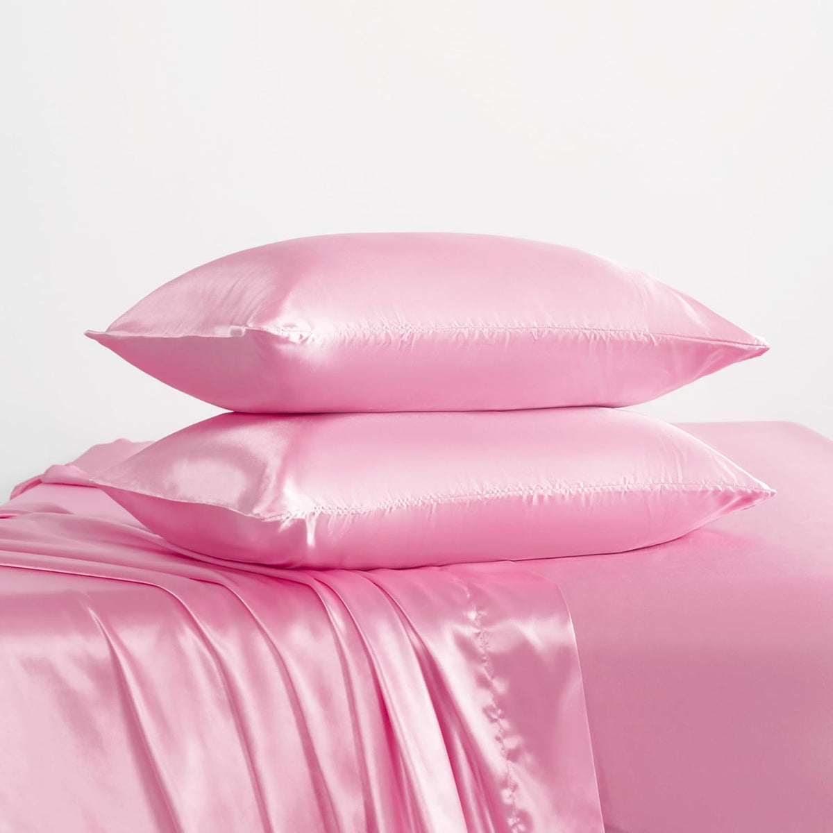 Twin Satin Bed Sheet Set, 3 Pieces Bed Sheet Set with Silky Solid Color, 1 Deep Pocket Fitted Sheet, 1 Flat Sheet, and 1 Pillowcase, Pink
