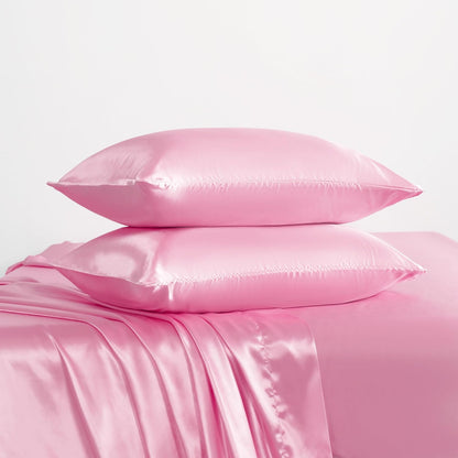 Twin Satin Bed Sheet Set, 3 Pieces Bed Sheet Set with Silky Solid Color, 1 Deep Pocket Fitted Sheet, 1 Flat Sheet, and 1 Pillowcase, Pink