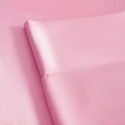 Twin Satin Bed Sheet Set, 3 Pieces Bed Sheet Set with Silky Solid Color, 1 Deep Pocket Fitted Sheet, 1 Flat Sheet, and 1 Pillowcase, Pink