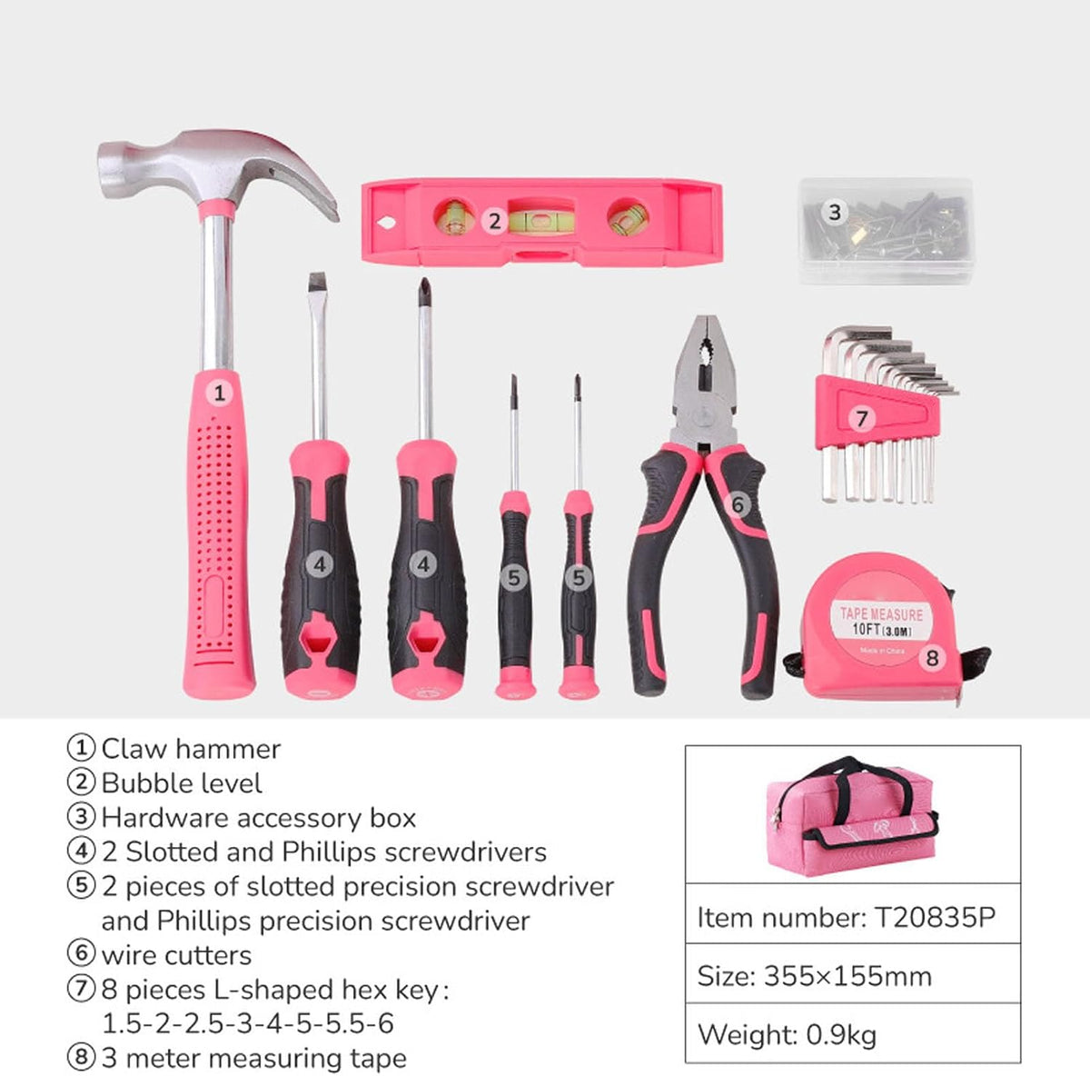 18 Piece Pink Home Repair Tool Kit Set, Carbon Steel Hammer Wrench Measuring Tape, with Portable Toolbox (18Pcs)