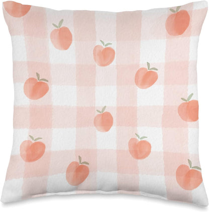 Cute Peaches on Peach And White Background Plaid Throw Pillow