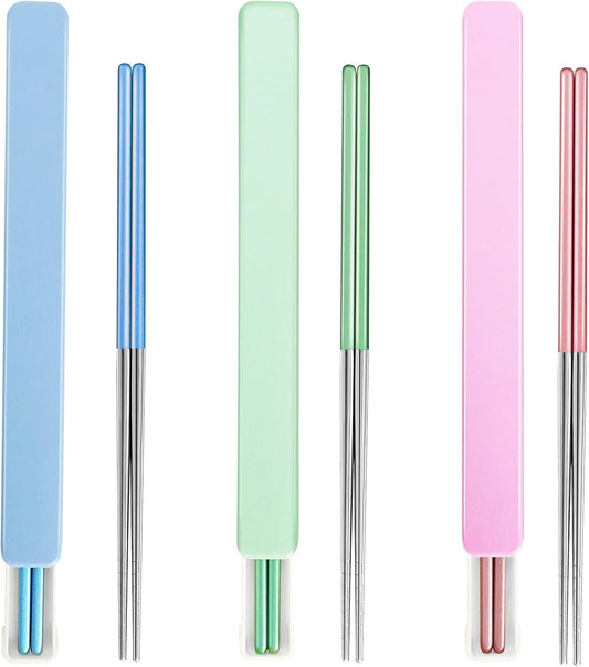 Metal Chopsticks With Case, 3 Pairs, Light Blue Green Pink