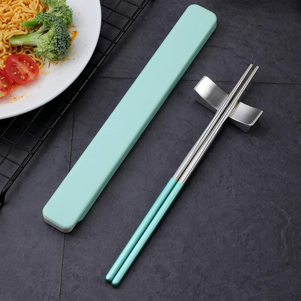Metal Chopsticks With Case, 3 Pairs, Light Blue Green Pink