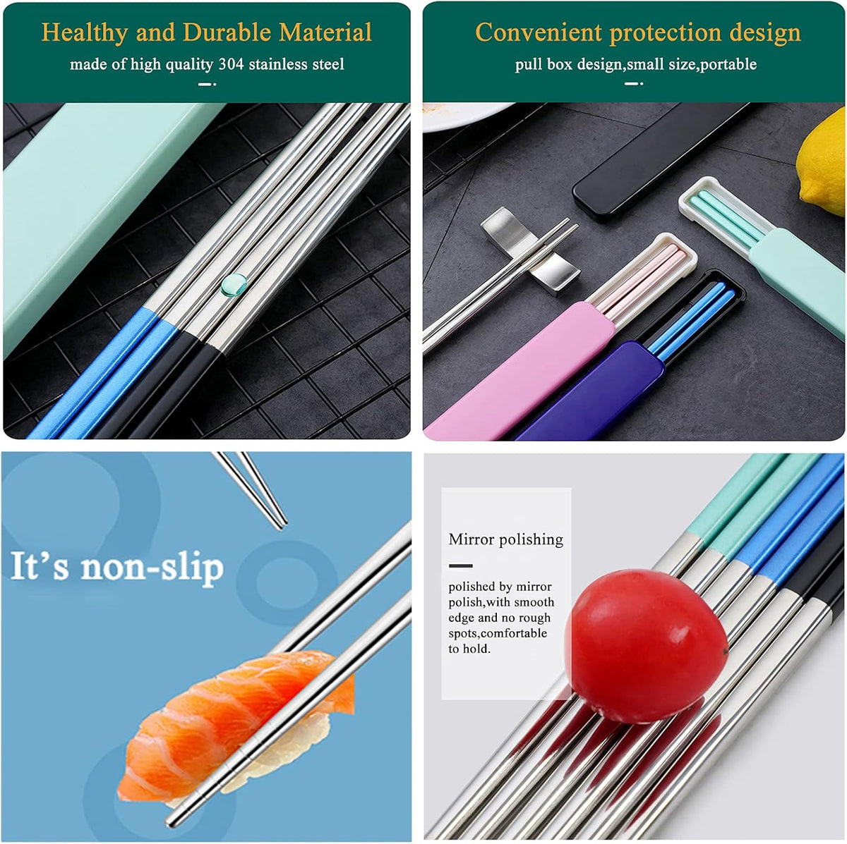 Metal Chopsticks With Case, 3 Pairs, Light Blue Green Pink