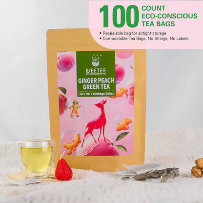 Ginger Peach Green Tea Bags 100 Count Low Caffeine Great for Iced