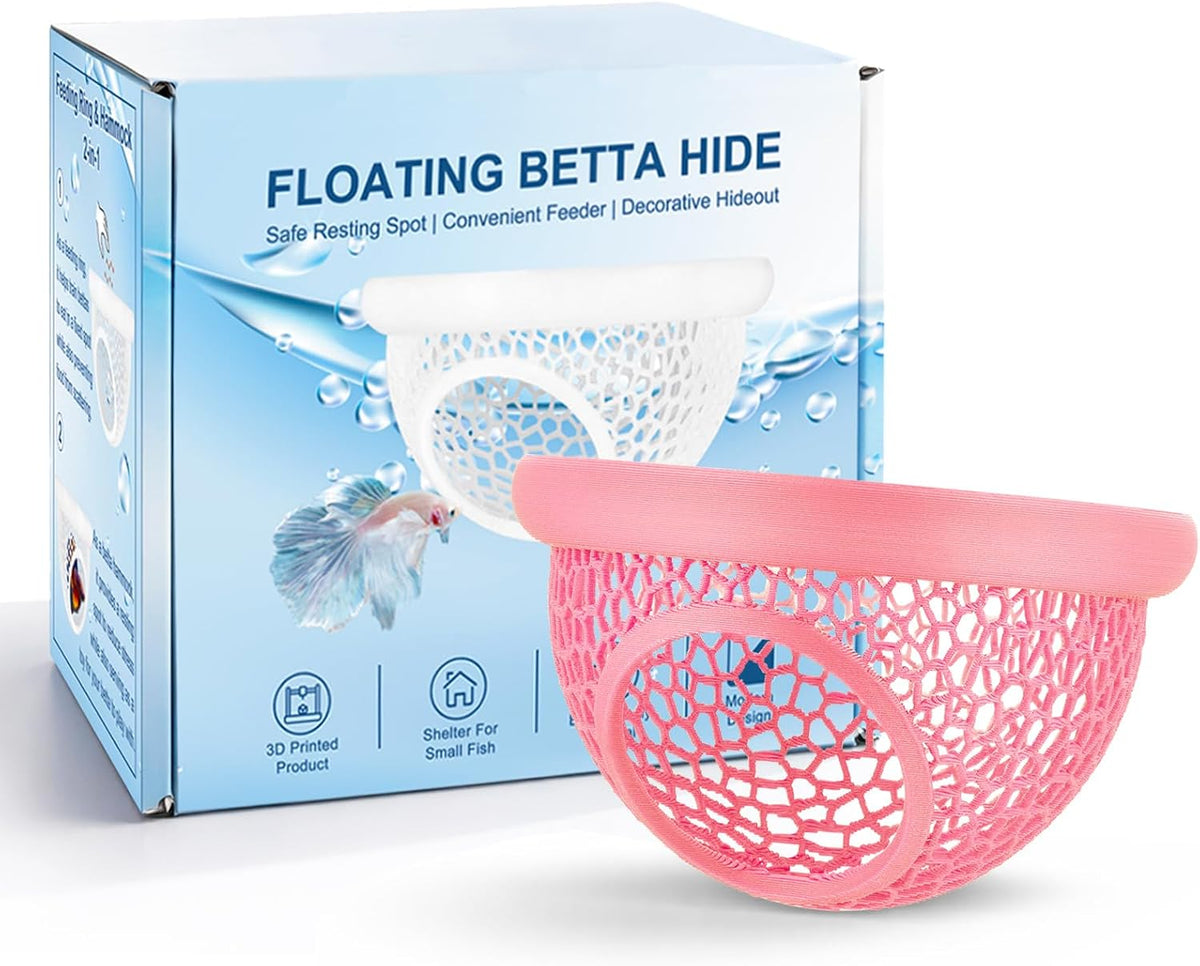 Pink Floating Betta Hide & Shrimp Cave – 3D Printed Aquarium Hammock, Feeding Ring & Resting Spot for Betta Fish, Shrimp & Small Fish (Eco-Safe PLA)