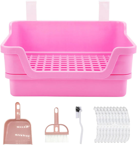 Large Rabbit Litter Box Rabbit Toilet Rabbit Potty Training Corner Huge Bunny Litter Pan with Plastic Grid Deep Dump Tray for Adult Small Animal (Pink)