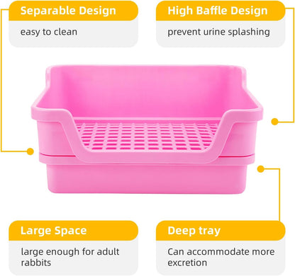 Large Rabbit Litter Box Rabbit Toilet Rabbit Potty Training Corner Huge Bunny Litter Pan with Plastic Grid Deep Dump Tray for Adult Small Animal (Pink)