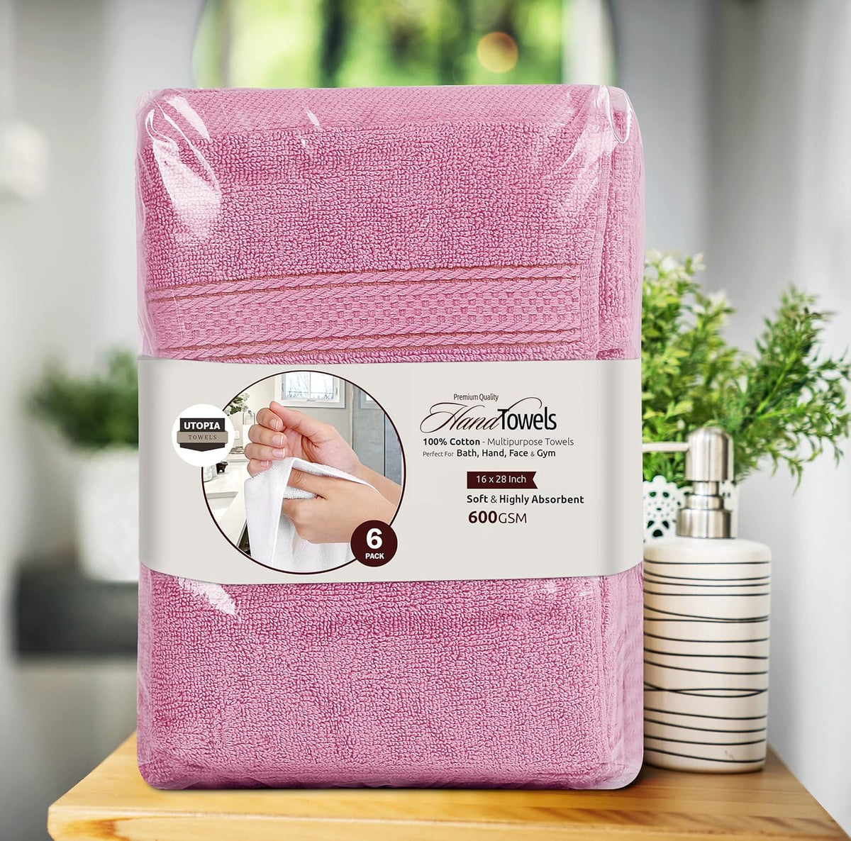 6 Pack Premium Hand Towels, 16x28 in, 600 GSM Cotton, Pink
