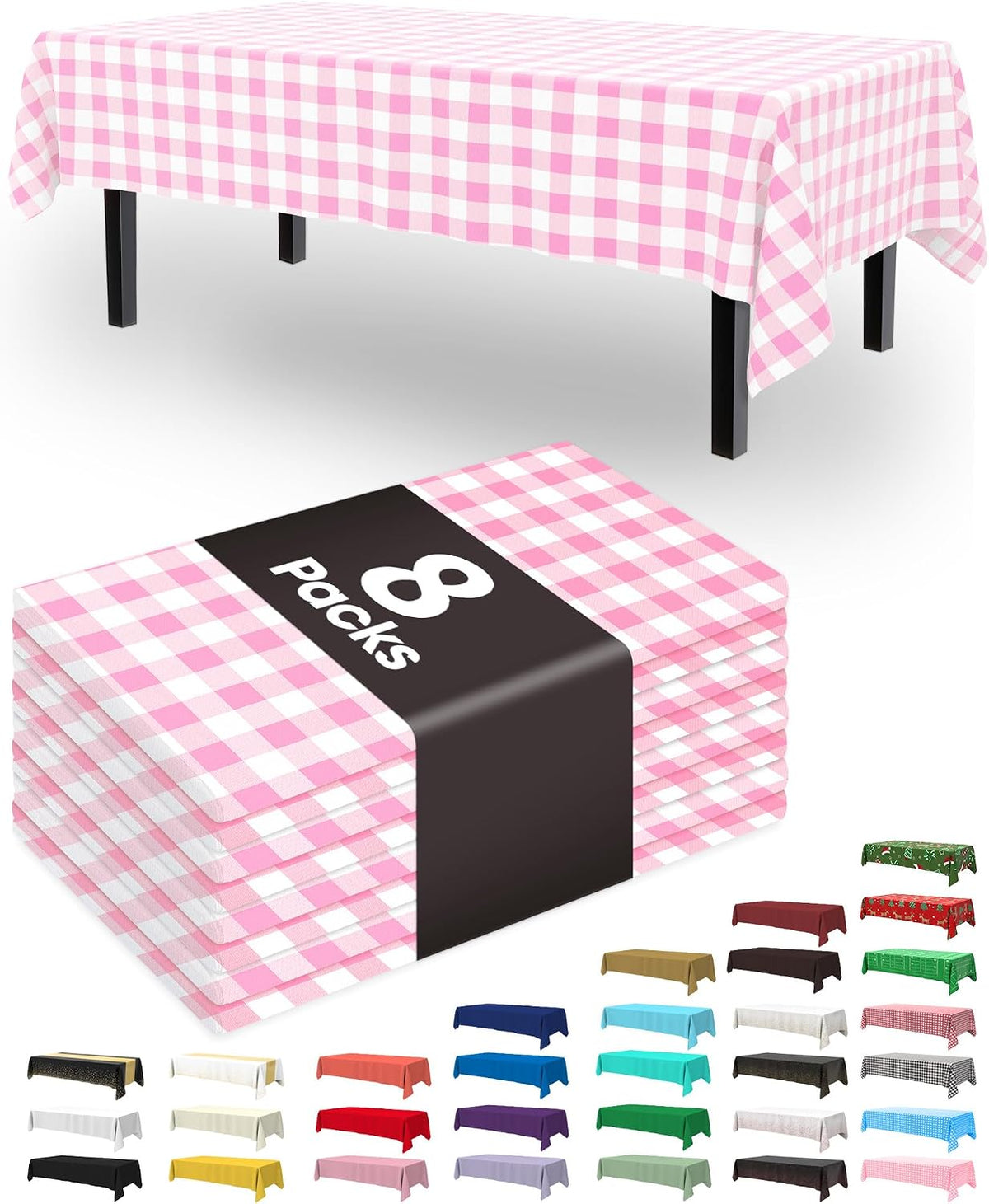 Plastic Table Cloth Disposable 8 Pack 54 x 108 Inch, Pink Plaid