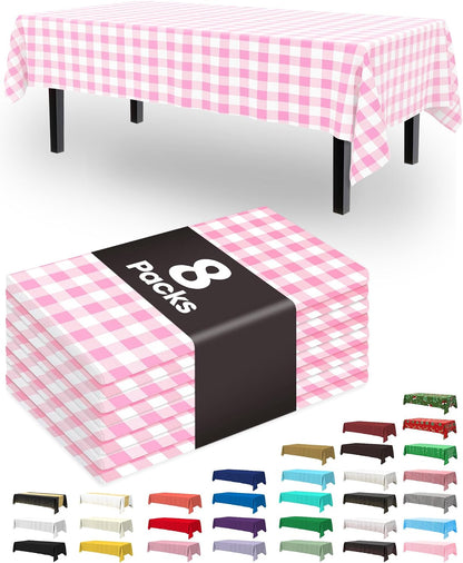 Plastic Table Cloth Disposable 8 Pack 54 x 108 Inch, Pink Plaid