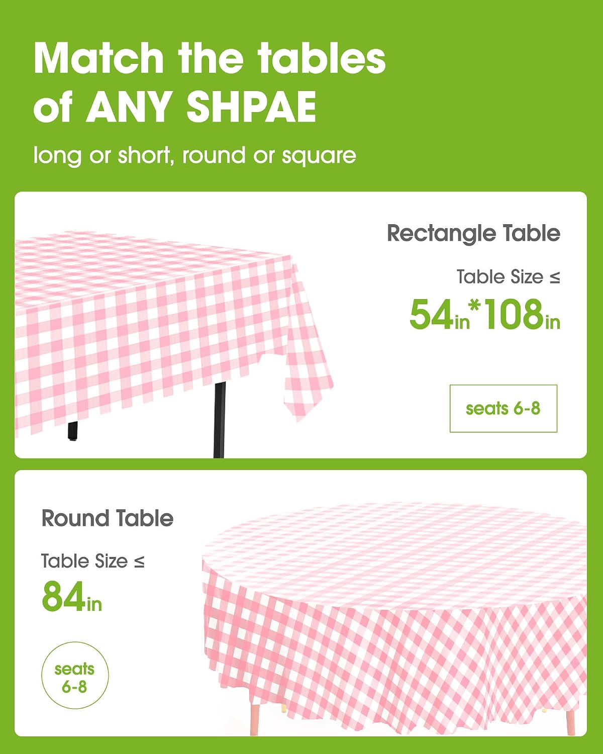 Plastic Table Cloth Disposable 8 Pack 54 x 108 Inch, Pink Plaid