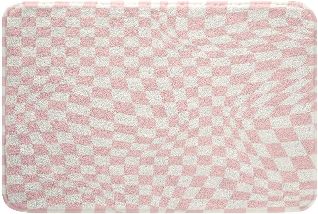 Plaid Bathroom Rugs Microfiber 16"x24" Pink Checkerboard Bath Mats Non-Slip Classic Plaid Bathroom Accessories Aesthetic Grid Floor Doormats Soft Door Mat