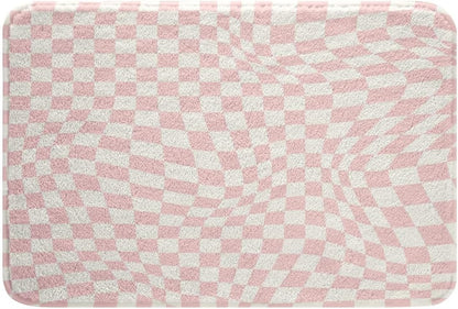 Plaid Bathroom Rugs Microfiber 16"x24" Pink Checkerboard Bath Mats Non-Slip Classic Plaid Bathroom Accessories Aesthetic Grid Floor Doormats Soft Door Mat