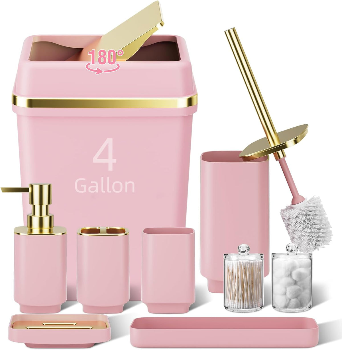 Pink Bathroom Set, 9-Piece Accessories with 4-Gallon Swing-Top Trash Can