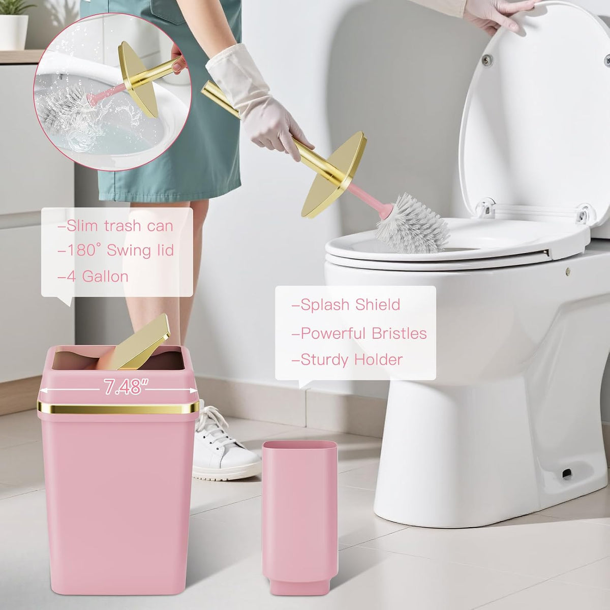 Pink Bathroom Set, 9-Piece Accessories with 4-Gallon Swing-Top Trash Can