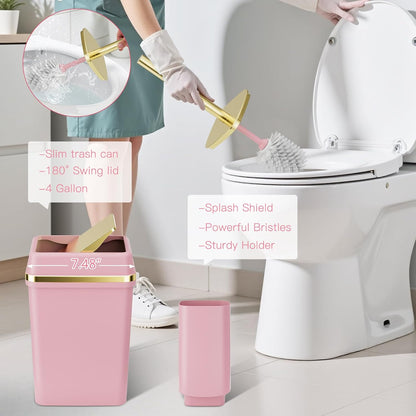 Pink Bathroom Set, 9-Piece Accessories with 4-Gallon Swing-Top Trash Can