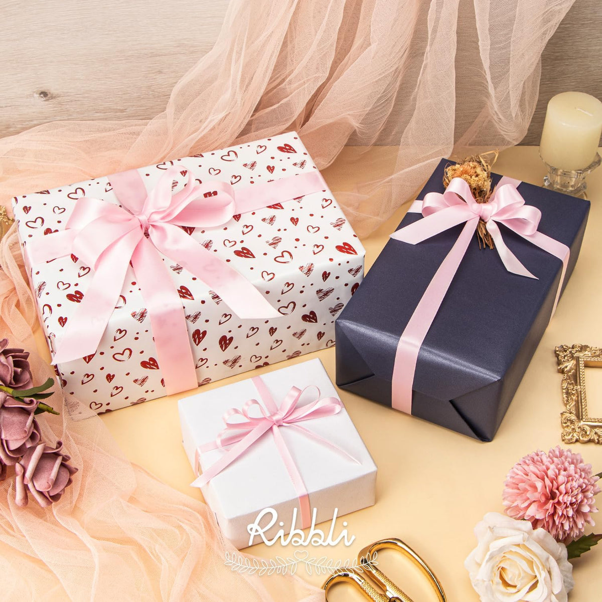 3 Rolls Double Faced Solid Satin Light Pink Craft Ribbon,Total 30 Yards,(1/4 Inch x 10-Yard,5/8 Inch x 10-Yard,1 Inch x 10-Yard),Use for Bows Bouquet,Gift Wrapping,Baby Shower