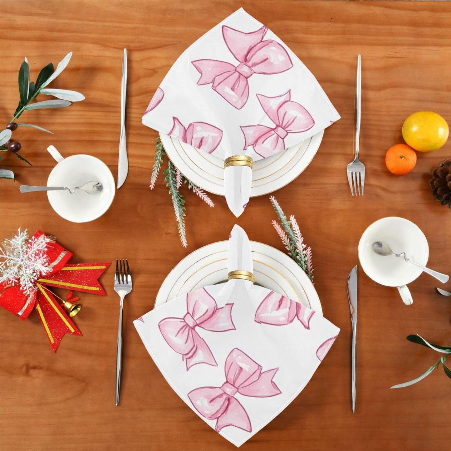 Cartoon Cute Peach Bow Heavy Cloth Dinner Napkins Reusable Cloth Napkins Polyester Cloth Napkins Dining Kitchen Cloth Reusable Cloth Dinner Napkins Set of 6 20 x 20in