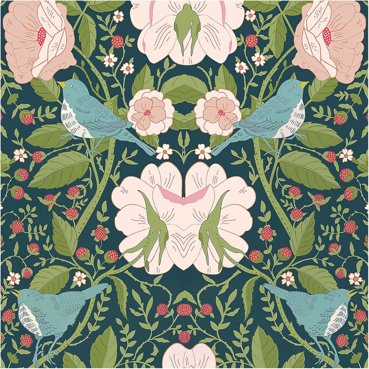 Whimsical Peel and Stick Wallpaper Vintage Bird Floral Pink Green