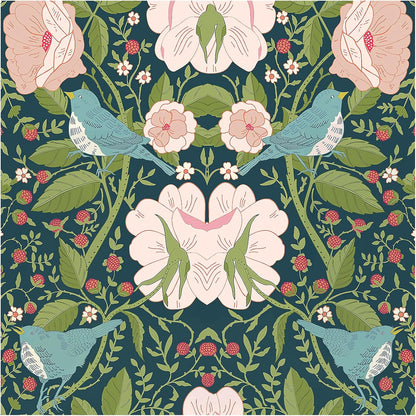 Whimsical Peel and Stick Wallpaper Vintage Bird Floral Pink Green