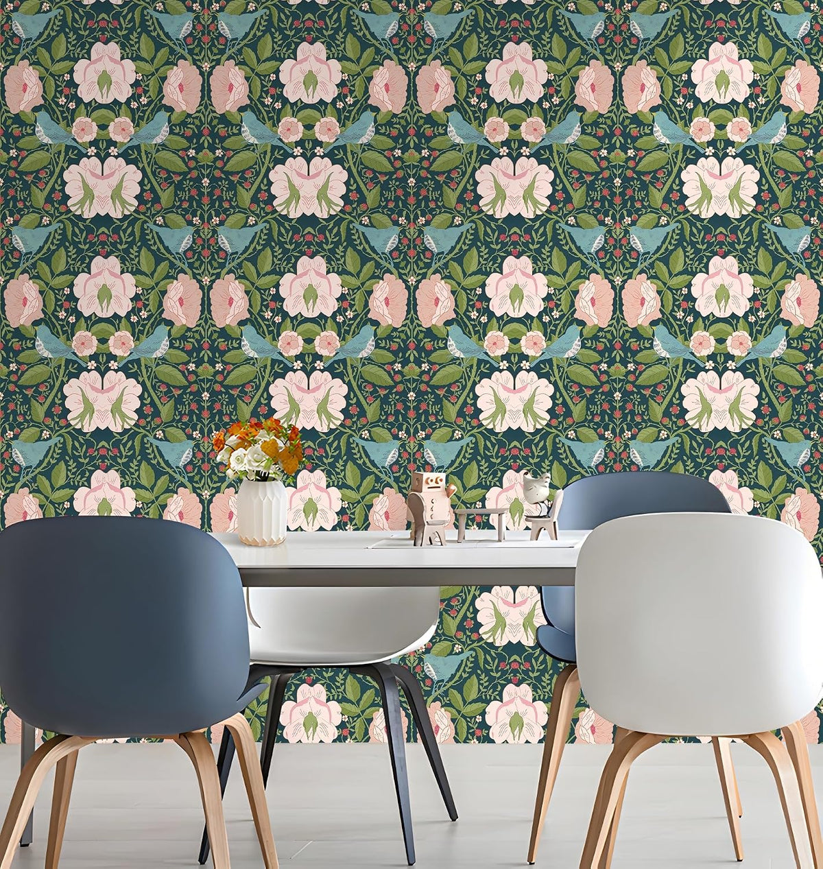 Whimsical Peel and Stick Wallpaper Vintage Bird Floral Pink Green