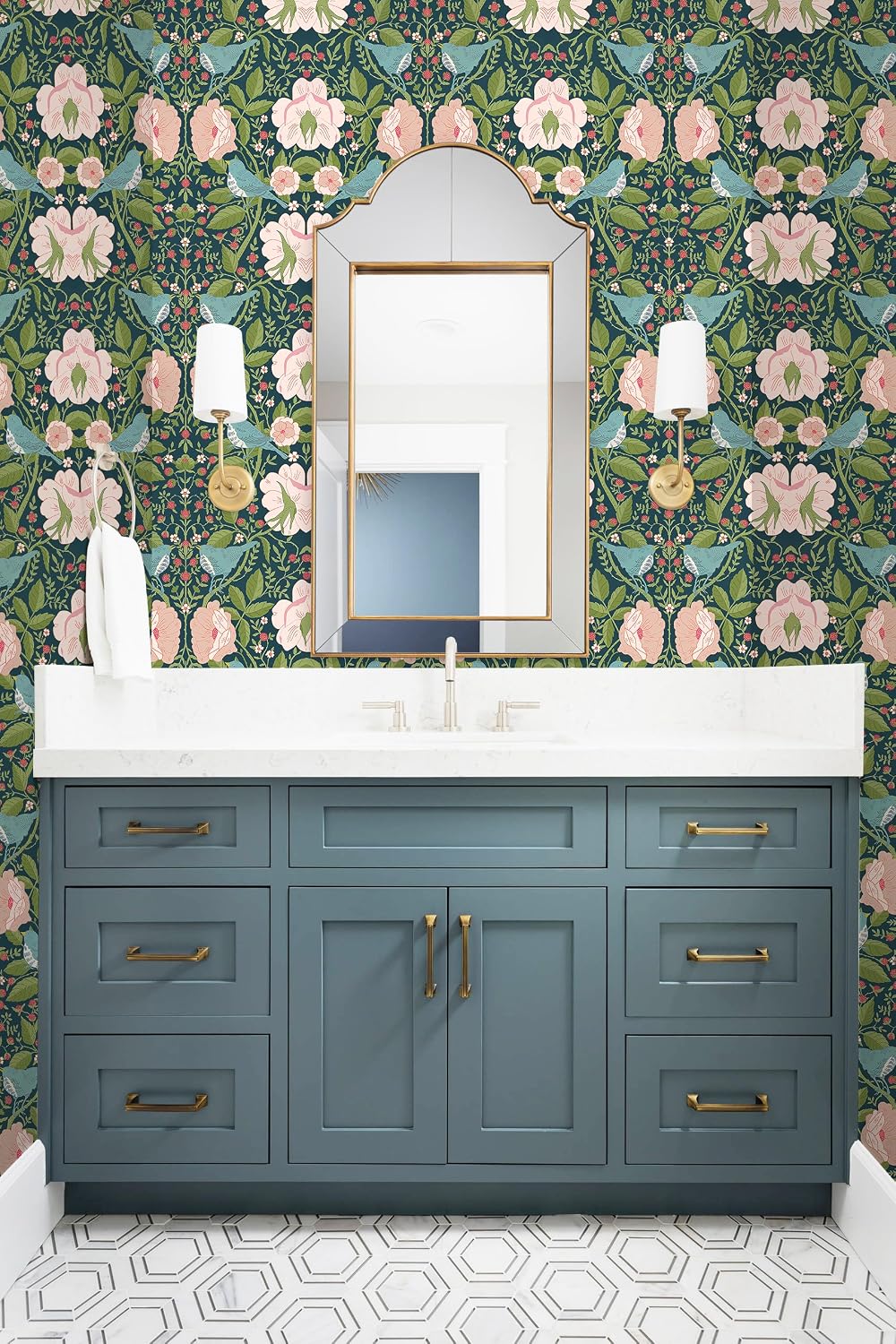 Whimsical Peel and Stick Wallpaper Vintage Bird Floral Pink Green