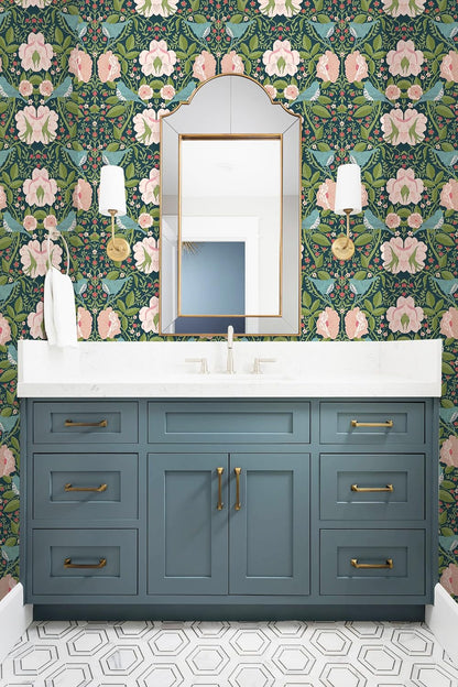 Whimsical Peel and Stick Wallpaper Vintage Bird Floral Pink Green