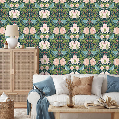 Whimsical Peel and Stick Wallpaper Vintage Bird Floral Pink Green
