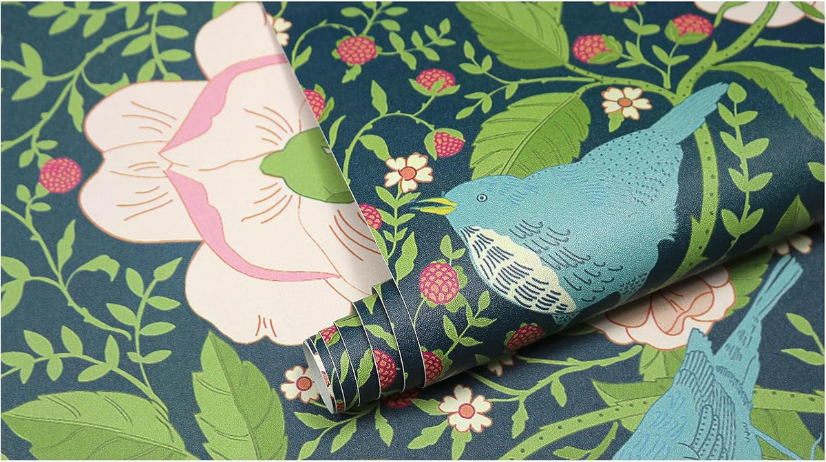 Whimsical Peel and Stick Wallpaper Vintage Bird Floral Pink Green