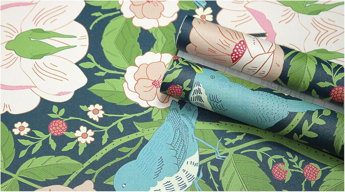 Whimsical Peel and Stick Wallpaper Vintage Bird Floral Pink Green