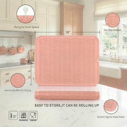 Silicone Dish Drying Mat for Multiple Usage,Easy clean,Eco-friendly,Heat-resistant Silicone Mat for Kitchen Counter or Sink,Refrigerator or Drawer Liner Pink XL 18 inches x 16 inches