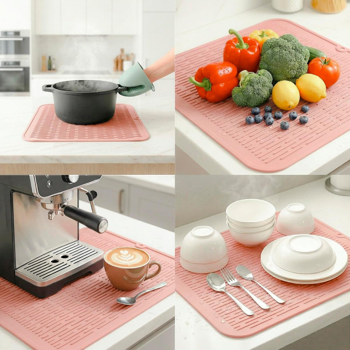 Silicone Dish Drying Mat for Multiple Usage,Easy clean,Eco-friendly,Heat-resistant Silicone Mat for Kitchen Counter or Sink,Refrigerator or Drawer Liner Pink XL 18 inches x 16 inches