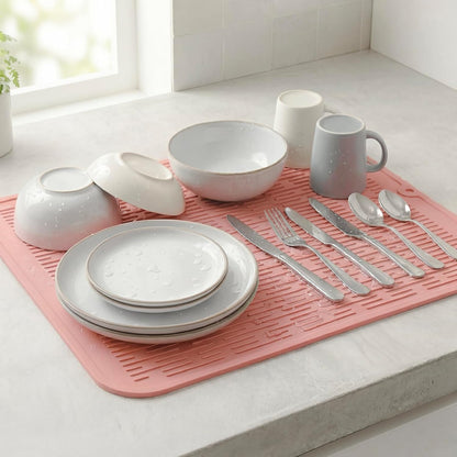 Silicone Dish Drying Mat for Multiple Usage,Easy clean,Eco-friendly,Heat-resistant Silicone Mat for Kitchen Counter or Sink,Refrigerator or Drawer Liner Pink XL 18 inches x 16 inches