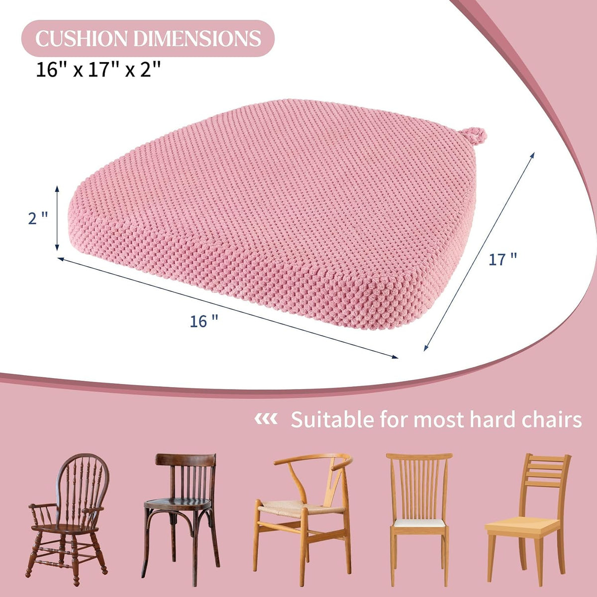 Pink Chair Cushions with Tie Removable Cover, D-Shape Foam Kitchen Chair Seat Pads Non Slip 17"x16" Pack