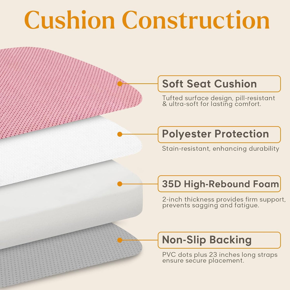 Pink Chair Cushions with Tie Removable Cover, D-Shape Foam Kitchen Chair Seat Pads Non Slip 17"x16" Pack