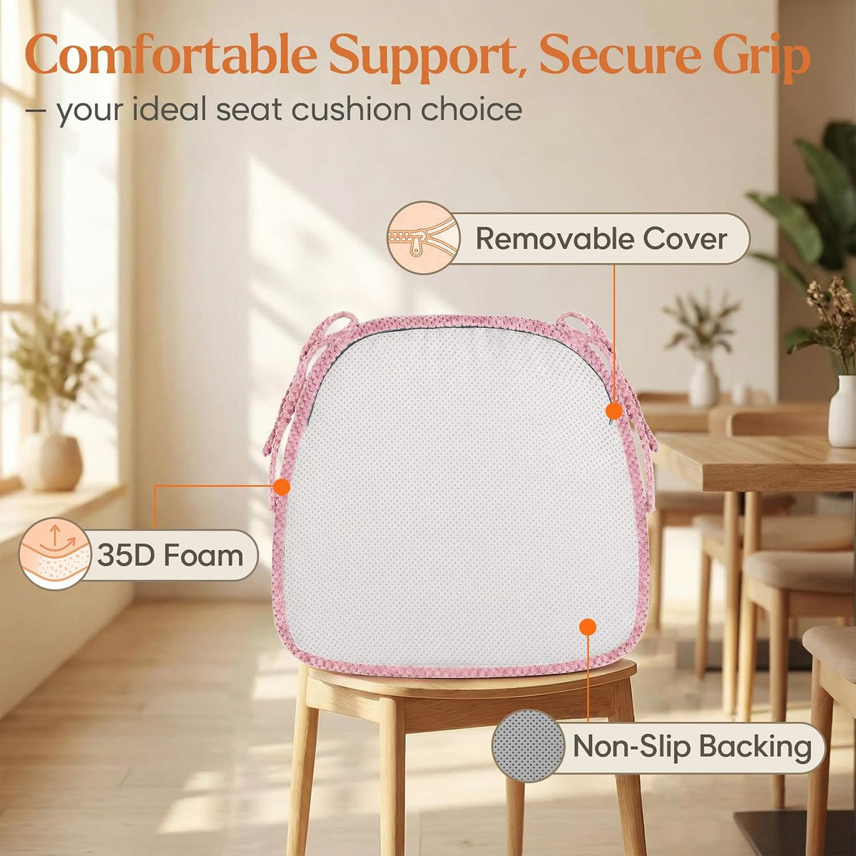 Pink Chair Cushions with Tie Removable Cover, D-Shape Foam Kitchen Chair Seat Pads Non Slip 17"x16" Pack