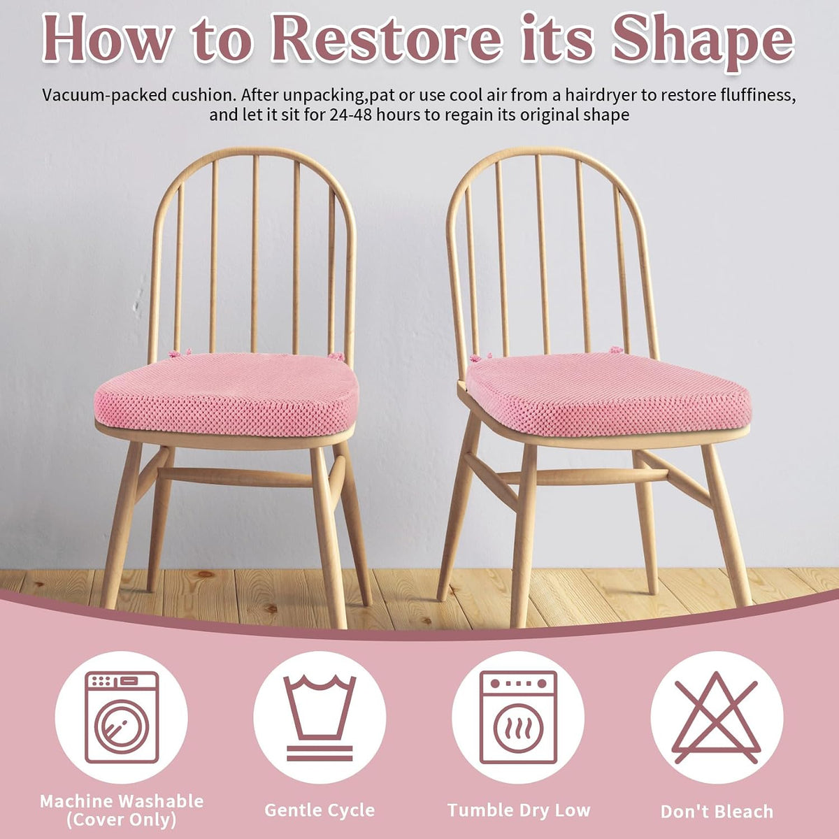Pink Chair Cushions with Tie Removable Cover, D-Shape Foam Kitchen Chair Seat Pads Non Slip 17"x16" Pack